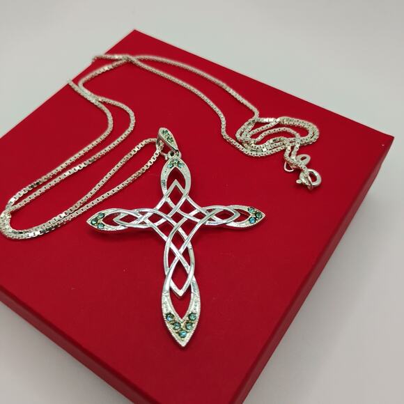 Watson Celtic Infinity Cross with Green CZs in Sterling Silver on 24-In Chain - Picture 4 of 5